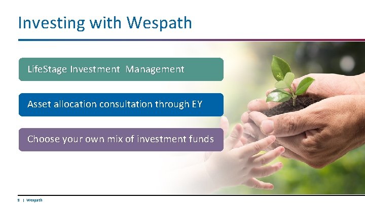 Investing with Wespath Life. Stage Investment Management Asset allocation consultation through EY Choose your