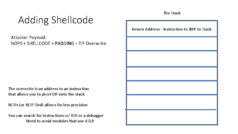 Adding Shellcode Attacker Payload: NOPS + SHELLCODE + PADDING + EIP Overwrite The overwrite