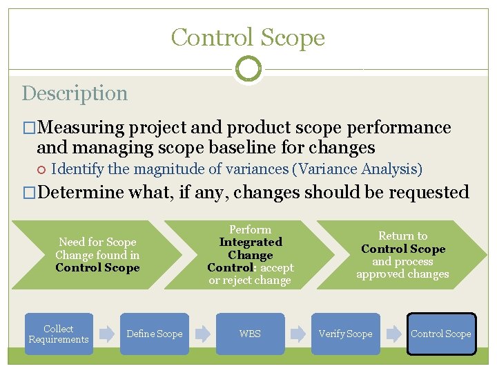 Control Scope Description �Measuring project and product scope performance and managing scope baseline for