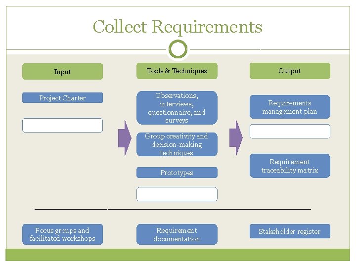 Collect Requirements Input Tools & Techniques Output Project Charter Observations, interviews, questionnaire, and surveys