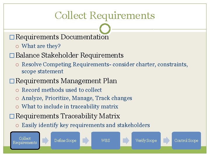 Collect Requirements � Requirements Documentation What are they? � Balance Stakeholder Requirements Resolve Competing