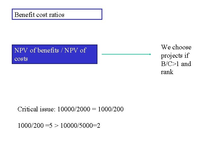 Benefit cost ratios NPV of benefits / NPV of costs Critical issue: 10000/2000 =