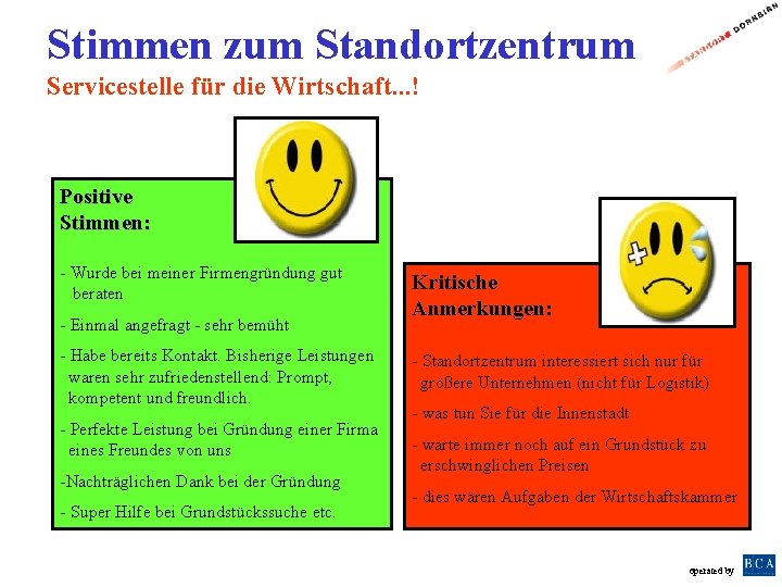 Stimmen zum Standortzentrum Servicestelle für die Wirtschaft. . . ! Positive Stimmen: - Wurde