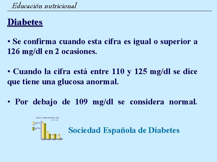 Educación nutricional Diabetes • Se confirma cuando esta cifra es igual o superior a