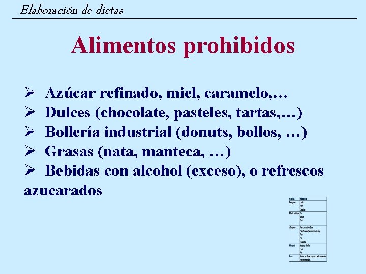 Elaboración de dietas Alimentos prohibidos Ø Azúcar refinado, miel, caramelo, … Ø Dulces (chocolate,