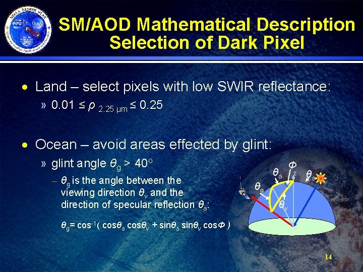 SM/AOD Mathematical Description Selection of Dark Pixel · Land – select pixels with low