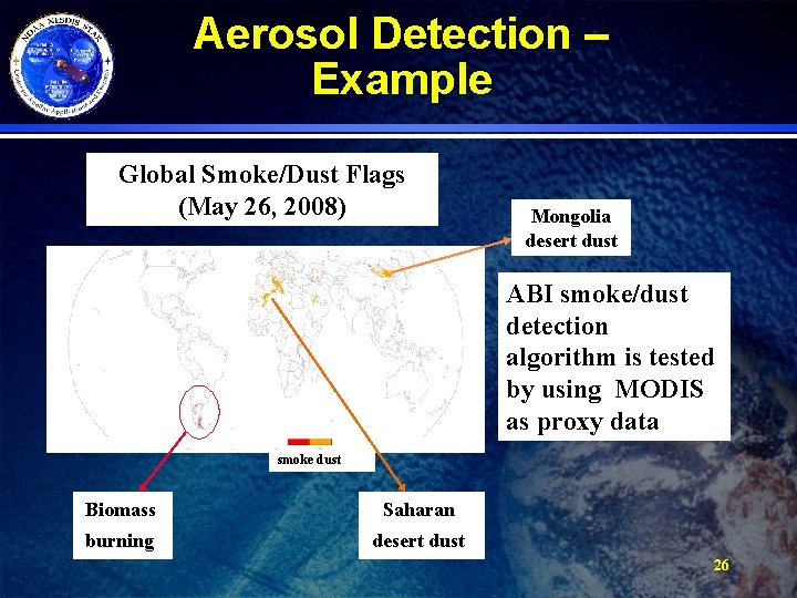 Aerosol Detection – Example Global Smoke/Dust Flags (May 26, 2008) Mongolia desert dust ABI