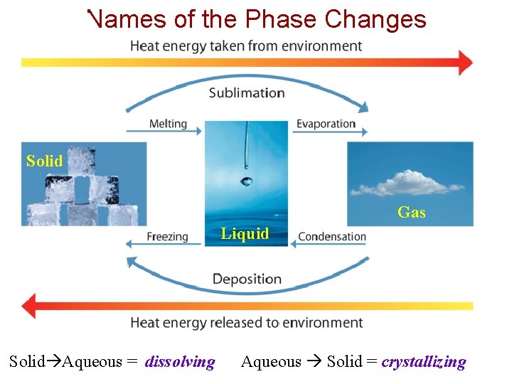 Names of the Phase Changes Solid Gas Liquid Solid Aqueous = dissolving Aqueous Solid