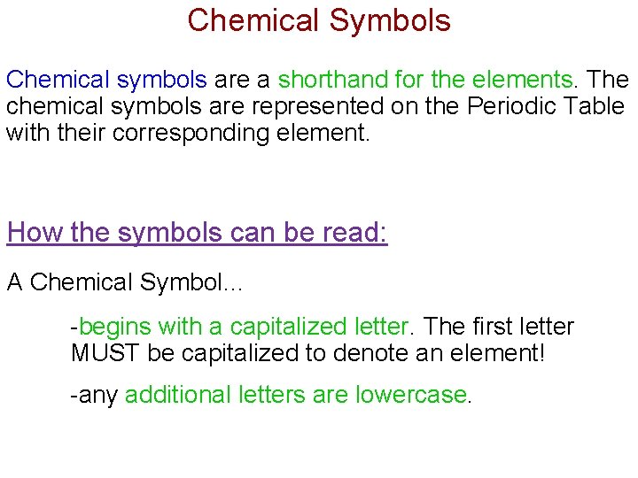 Chemical Symbols Chemical symbols are a shorthand for the elements. The chemical symbols are