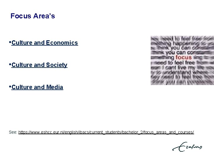 Focus Area’s • Culture and Economics • Culture and Society • Culture and Media