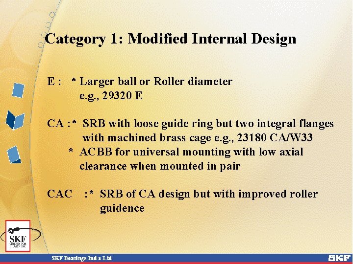 Category 1: Modified Internal Design E : * Larger ball or Roller diameter e.