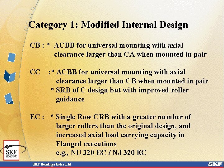 Category 1: Modified Internal Design CB : * ACBB for universal mounting with axial