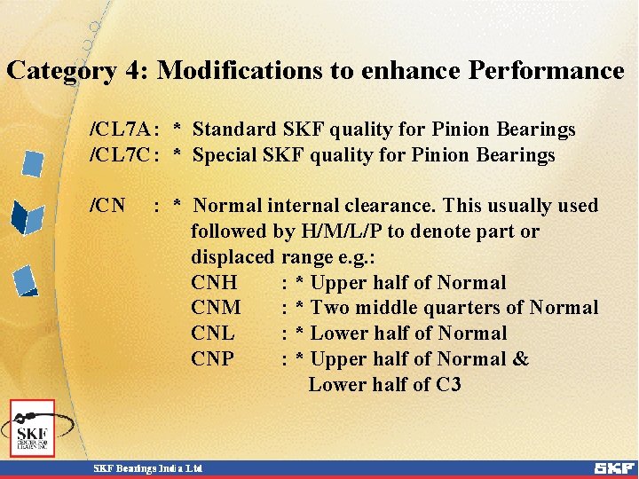 Category 4: Modifications to enhance Performance /CL 7 A : * Standard SKF quality