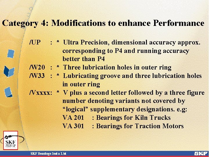 Category 4: Modifications to enhance Performance /UP : * Ultra Precision, dimensional accuracy approx.