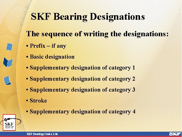 SKF Bearing Designations The sequence of writing the designations: • Prefix – if any