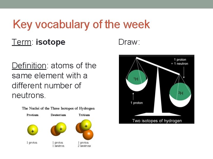 Key vocabulary of the week Term: isotope Definition: atoms of the same element with