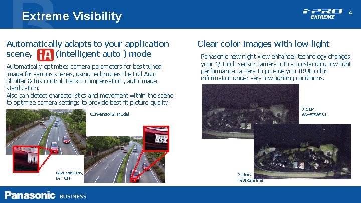 4 Extreme Visibility Automatically adapts to your application scene, (intelligent auto ) mode Automatically