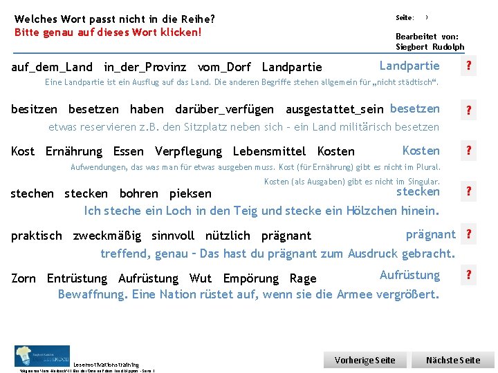 Übungsart: Welches Wort passt nicht in die Reihe? Bitte genau auf dieses Wort klicken!