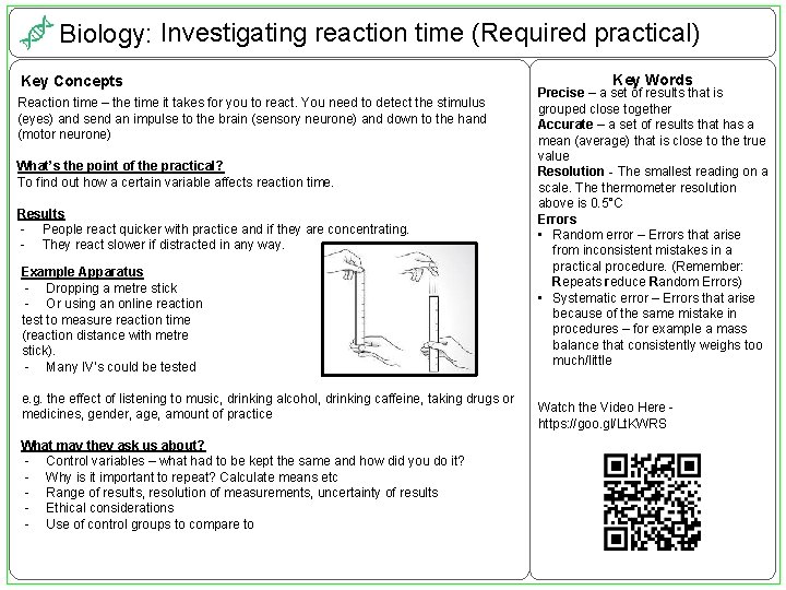 Biology: Investigating reaction time (Required practical) Key Concepts Reaction time – the time it