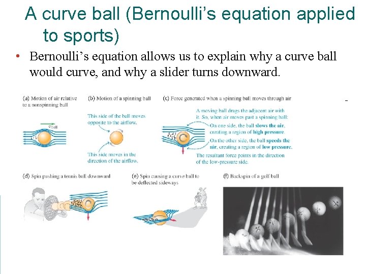 A curve ball (Bernoulli’s equation applied to sports) • Bernoulli’s equation allows us to