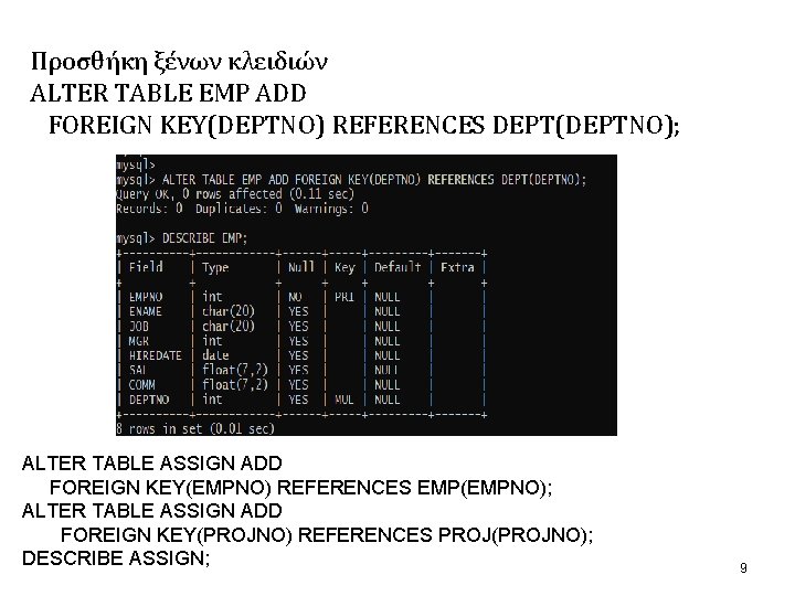 Προσθήκη ξένων κλειδιών ALTER TABLE EMP ADD FOREIGN KEY(DEPTNO) REFERENCES DEPT(DEPTNO); ALTER TABLE ASSIGN Προσθήκη ξένων κλειδιών ALTER TABLE EMP ADD FOREIGN KEY(DEPTNO) REFERENCES DEPT(DEPTNO); ALTER TABLE ASSIGN
