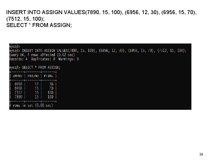 INSERT INTO ASSIGN VALUES(7890, 15, 100), (6956, 12, 30), (6956, 15, 70), (7512, 15, INSERT INTO ASSIGN VALUES(7890, 15, 100), (6956, 12, 30), (6956, 15, 70), (7512, 15,