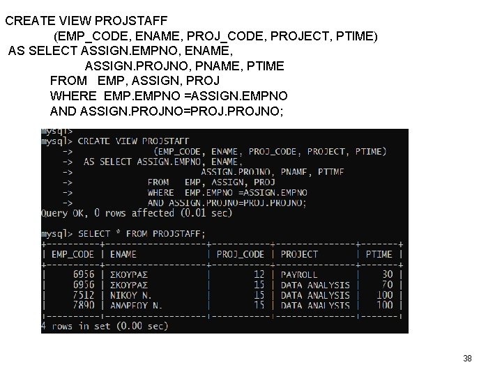 CREATE VIEW PROJSTAFF (EMP_CODE, ENAME, PROJ_CODE, PROJECT, PTIME) AS SELECT ASSIGN. EMPNO, ENAME, ASSIGN. CREATE VIEW PROJSTAFF (EMP_CODE, ENAME, PROJ_CODE, PROJECT, PTIME) AS SELECT ASSIGN. EMPNO, ENAME, ASSIGN.