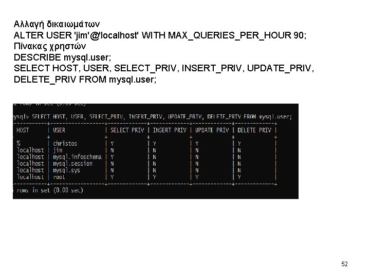 Αλλαγή δικαιωμάτων ALTER USER 'jim'@'localhost' WITH MAX_QUERIES_PER_HOUR 90; Πίνακας χρηστών DESCRIBE mysql. user; SELECT Αλλαγή δικαιωμάτων ALTER USER 'jim'@'localhost' WITH MAX_QUERIES_PER_HOUR 90; Πίνακας χρηστών DESCRIBE mysql. user; SELECT