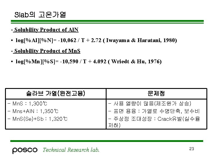 Slab의 고온가열 - Solubility Product of Al. N • log[%Al][%N]= -10, 062 / T