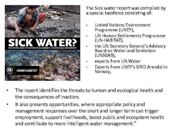 The Sick water report was compiled by a special taskforce consisting of: - •