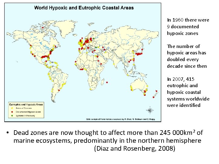 In 1960 there were 9 documented hypoxic zones The number of hypoxic areas has