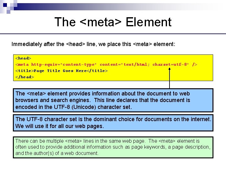 The <meta> Element Immediately after the <head> line, we place this <meta> element: <head>