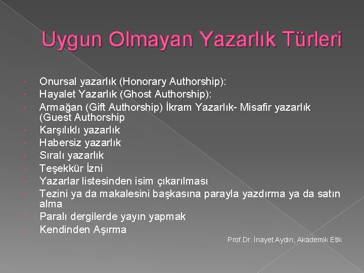 Uygun Olmayan Yazarlık Türleri Onursal yazarlık (Honorary Authorship): Hayalet Yazarlık (Ghost Authorship): Armağan (Gift