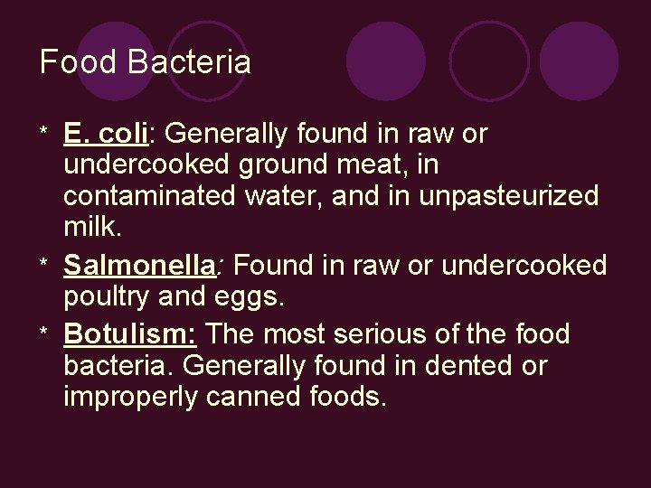 Food Bacteria E. coli: Generally found in raw or undercooked ground meat, in contaminated