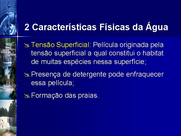 2 Características Físicas da Água @ Tensão Superficial: Película originada pela tensão superficial a