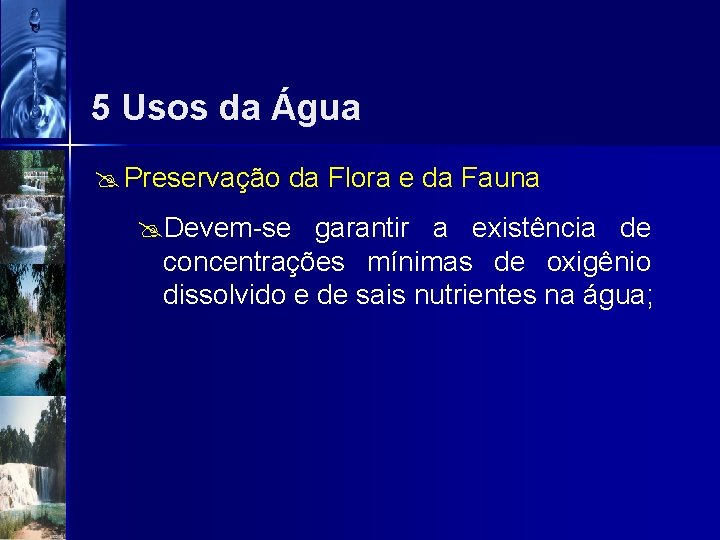 5 Usos da Água @ Preservação da Flora e da Fauna @Devem-se garantir a