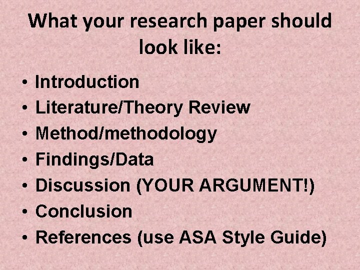 What your research paper should look like: • • Introduction Literature/Theory Review Method/methodology Findings/Data