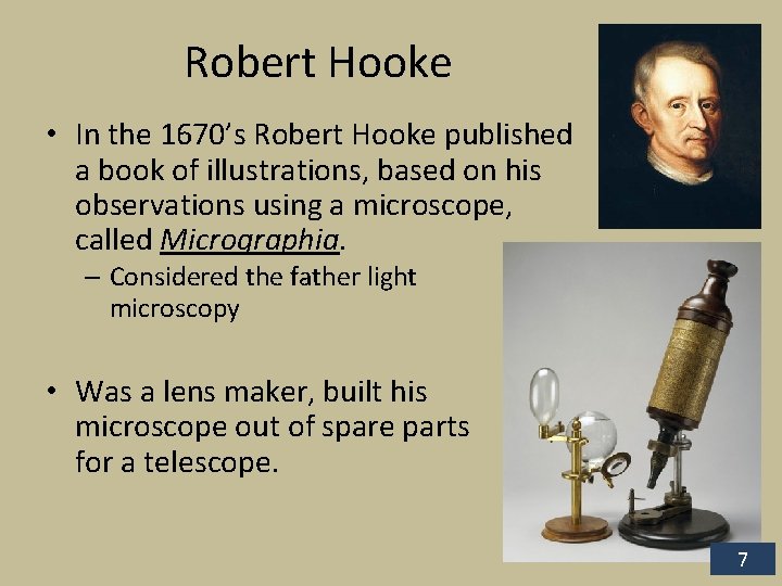 Robert Hooke • In the 1670’s Robert Hooke published a book of illustrations, based