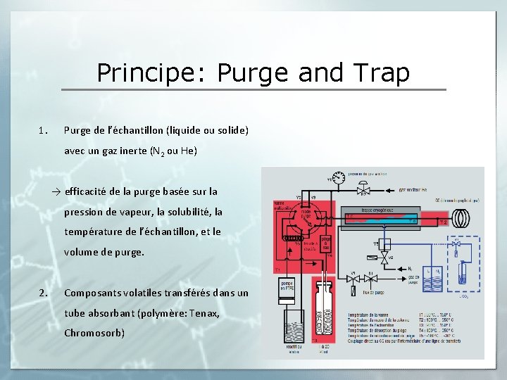 Principe: Purge and Trap 1. Purge de l’échantillon (liquide ou solide) avec un gaz