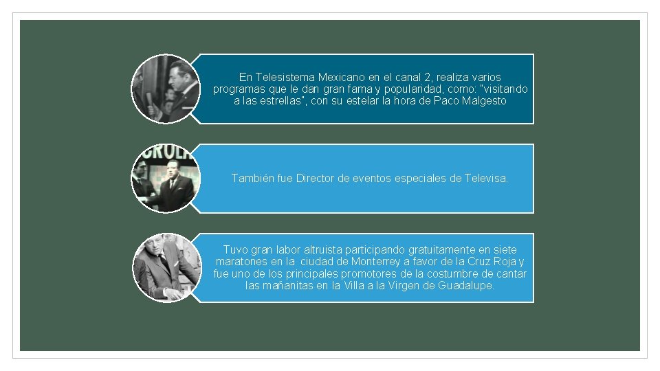 En Telesistema Mexicano en el canal 2, realiza varios programas que le dan gran