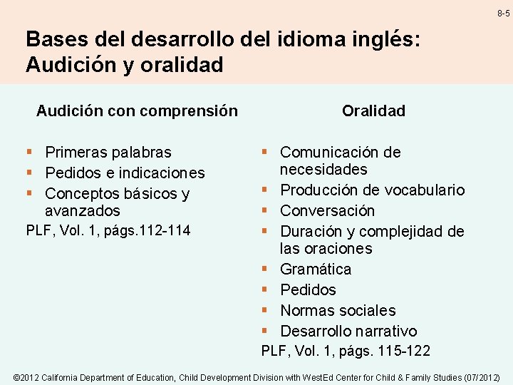 8 -5 Bases del desarrollo del idioma inglés: Audición y oralidad Audición comprensión §