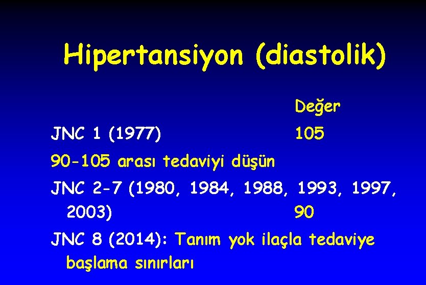 Hipertansiyon (diastolik) Değer JNC 1 (1977) 105 90 -105 arası tedaviyi düşün JNC 2