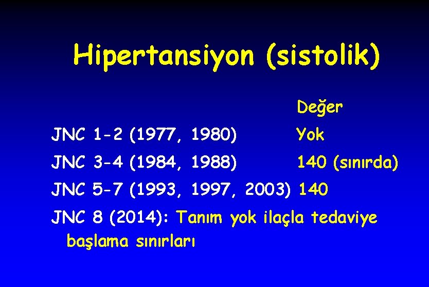 Hipertansiyon (sistolik) Değer JNC 1 -2 (1977, 1980) Yok JNC 3 -4 (1984, 1988)