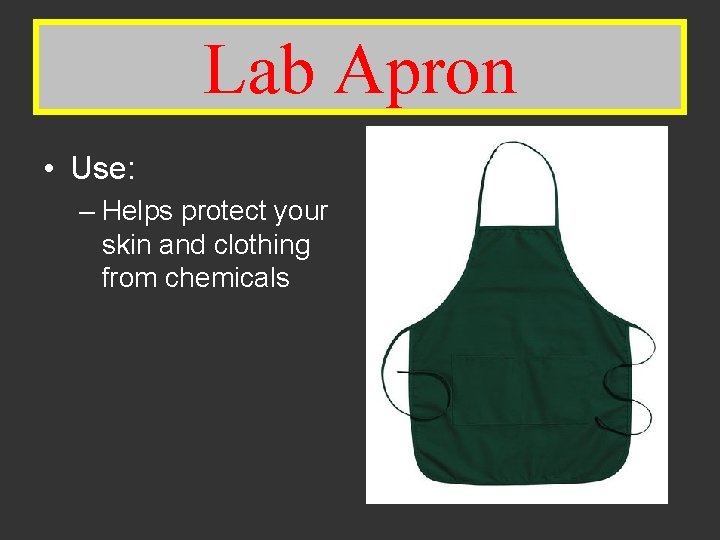 Lab Apron • Use: – Helps protect your skin and clothing from chemicals 