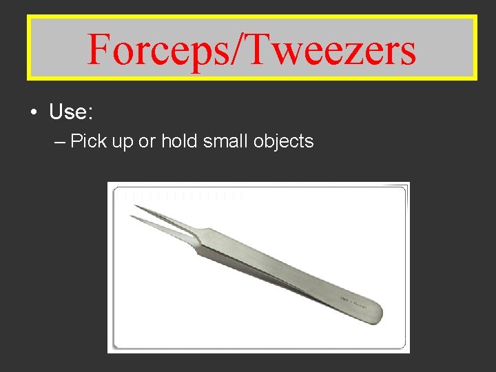 Forceps/Tweezers • Use: – Pick up or hold small objects 