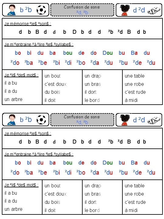 Confusion de sons: b ²b d ²d ²d, ²b Je mémorise ²le$ ²son$ :