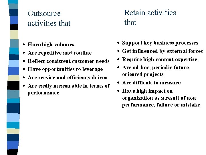 Retain activities that Outsource activities that · · · Have high volumes Are repetitive