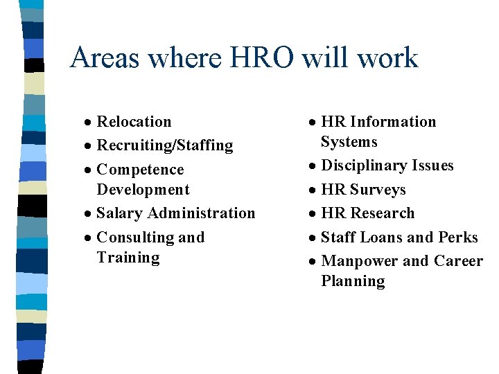 Areas where HRO will work · Relocation · Recruiting/Staffing · Competence Development · Salary