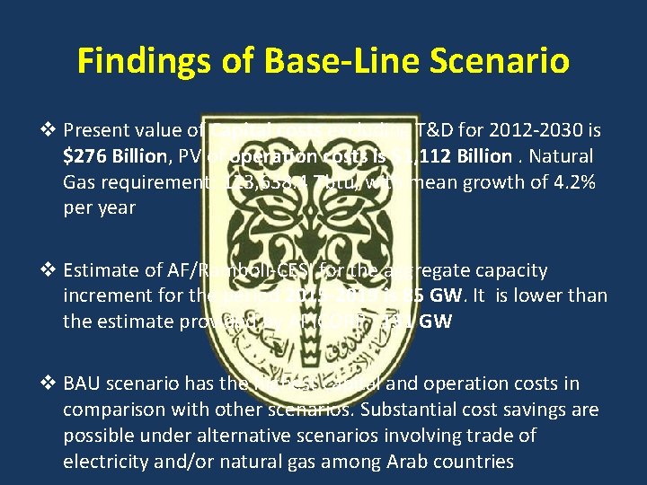 Findings of Base-Line Scenario v Present value of Capital costs excluding T&D for 2012