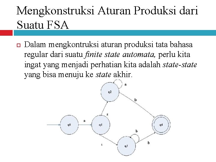 Mengkonstruksi Aturan Produksi dari Suatu FSA Dalam mengkontruksi aturan produksi tata bahasa regular dari